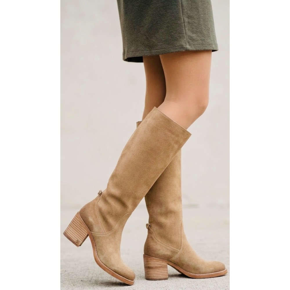 Sam Edelman Sylvia Suede Knee High Block Heel Boots Sesame Beige Size 9 NEW
